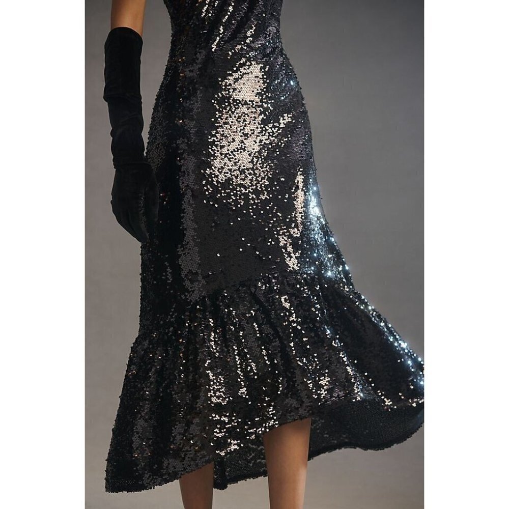 NWT Anthropologie One Shoulder Sequin Dress XXS $230 Black Cocktail Formal Maxi - Picture 3 of 10